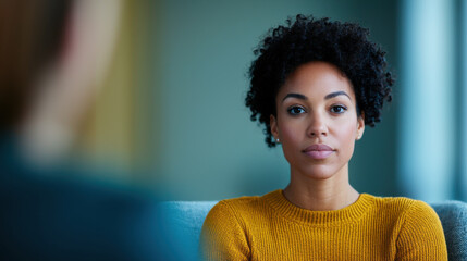 Counseling session with woman in cozy sweater, expressing emotions