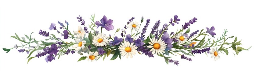 Delicate watercolor floral wreath: Lavender and daisies intertwine, creating a serene, romantic charm.