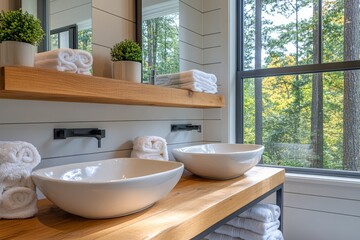 Fototapeta premium Modern bathroom with natural light and stylish design featuring two sinks and fresh towels