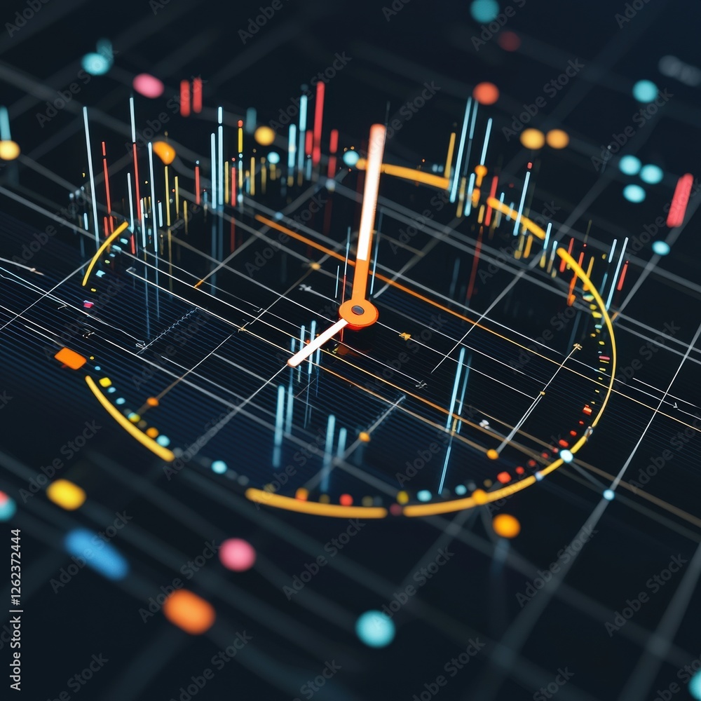 Poster a symbolic clock overlaying graphs showing time, cost, and quality relationships.