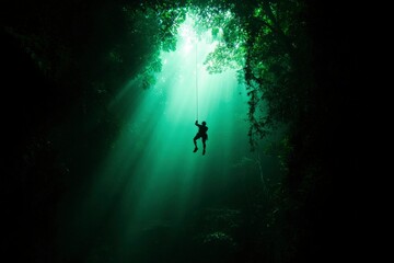 Fototapeta premium Adventurer rappels into a sinkhole, illuminated by sunbeams for exploration use