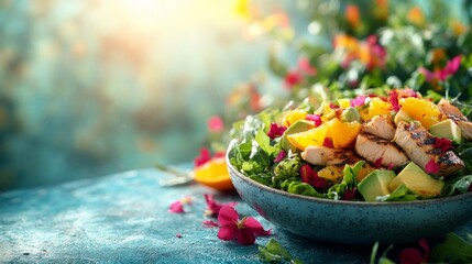 Fresh salad with grilled chicken and citrus garnishes in a vibrant outdoor setting