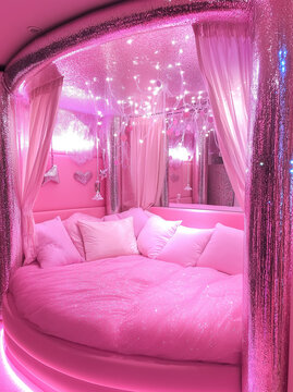 A pink waterbed with white pillows, a sparkling, glittery pink aesthetic.