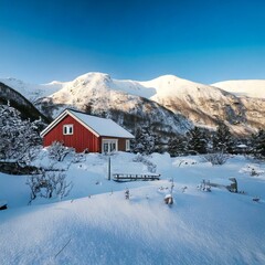 Winter Nordic landscape- Snow-covered house 