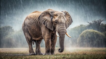 Obraz premium Majestic Elephant Standing in Rain on African Savannah Landscape