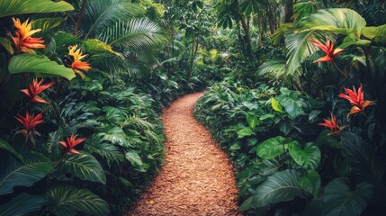 Lush green pathway winding through tropical foliage with vibrant flowers and sunlight filtering through trees