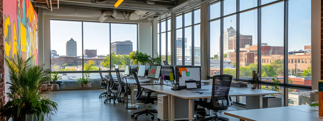 A photo of an open office space with large windows, desks and chairs lined up along the walls

