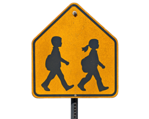 School zone sign with children walking, emphasizing safety and awareness. bright yellow background highlights importance of caution in areas with young pedestrians