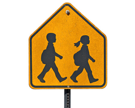 School zone sign with children walking, emphasizing safety and awareness. bright yellow background highlights importance of caution in areas with young pedestrians