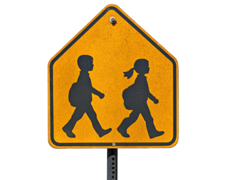 School zone sign with children walking, emphasizing safety and awareness. bright yellow background highlights importance of caution in areas with young pedestrians