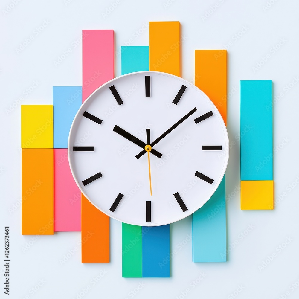 Poster a symbolic clock overlaying graphs showing time, cost, and quality relationships.