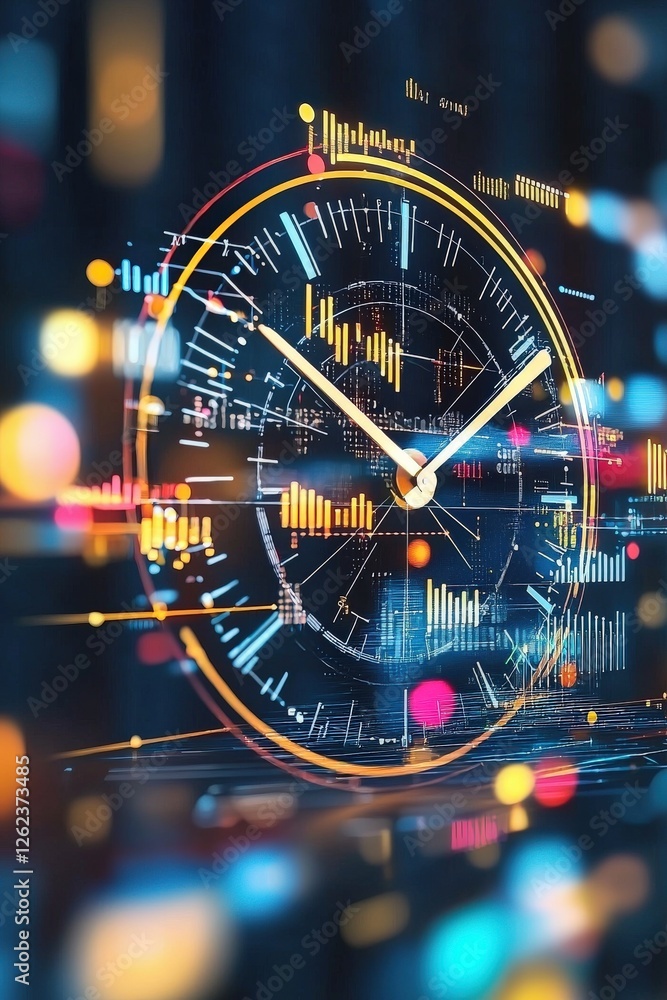 Poster a symbolic clock overlaying graphs showing time, cost, and quality relationships.