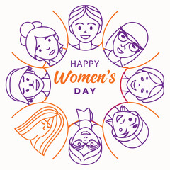 Elegant Happy Women's Day vector illustration featuring floral decorations, female silhouettes, and inspirational typography 