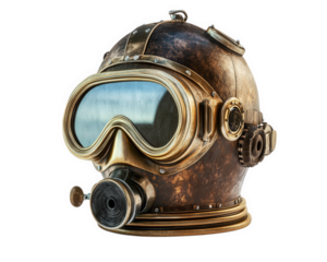vintage deep sea diving helmet featuring large glass window, showcasing intricate metalwork and weathered patina. This unique piece evokes sense of adventure and exploration