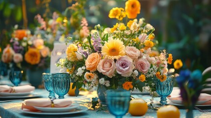 Beautiful floral arrangement on a dining table for a garden celebration in the afternoon light