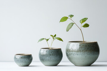 Row of three ceramic pots with growing green plants, showcasing stages of plant growth against a minimalist background.
