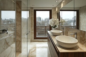 Fototapeta premium Elegant modern bathroom with marble finishes and natural light in urban residence