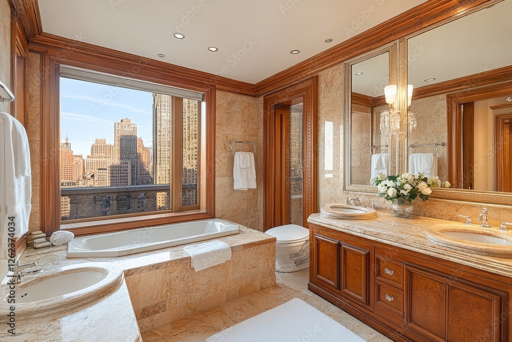 Aufkleber luxurious bathroom with skyline view and elegant design features in a high-rise building