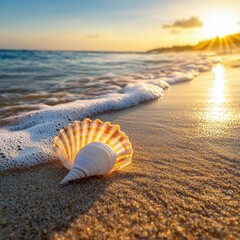 Obraz premium seashells basking in the golden sun, nestled on a sandy beach with distant waves lapping gently at the shore