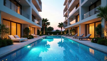 Luxury apartment complex featuring sparkling pool, poolside, water, real estate photography