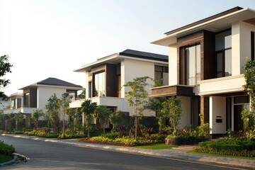 Modern houses on street in a residential area; showcasing real estate and home design