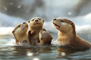 Otter Family Playing in the River
