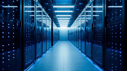 Fototapeta premium Modern Data Center Corridor With Illuminated Server Racks in a High-Tech Environment