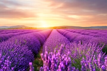Fototapeta premium Sunset paints the lavender fields in vibrant hues, a breathtaking panorama of purple perfection.