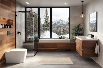 Fototapeta premium Modern bathroom design showcases mountain view with elegant finishes and natural elements in a tranquil setting