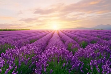 Fototapeta premium Serene Lavender Field at Sunrise: Rows of purple flowers bathed in golden light, creating a tranquil atmosphere.