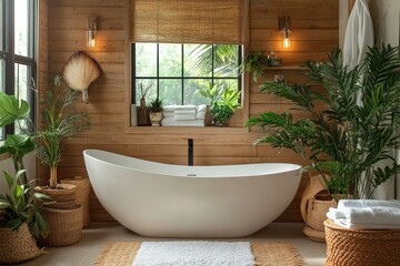 Fototapeta premium Elegant and serene bathroom retreat featuring a freestanding tub, natural decor, and lush greenery in a sunlit space