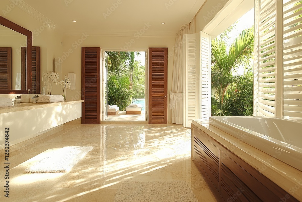 Poster Relaxing bathroom with natural light and pool view in luxurious setting