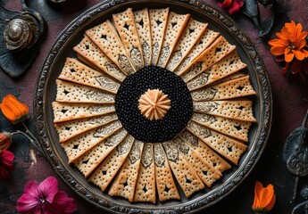 Decorative Plate of Elegant Pastries Surrounded by Edible Flowers and Natural Elements on Rustic Wooden Background