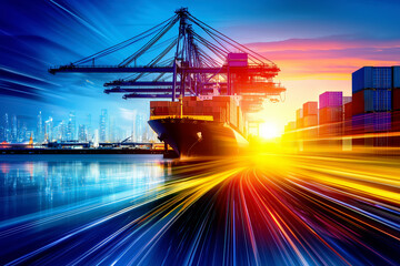 cargo ship docked at a bustling shipping port, surrounded by towering cranes and stacked shipping containers. City skyline is illuminated with lights, reinforcing the urban industrial setting.