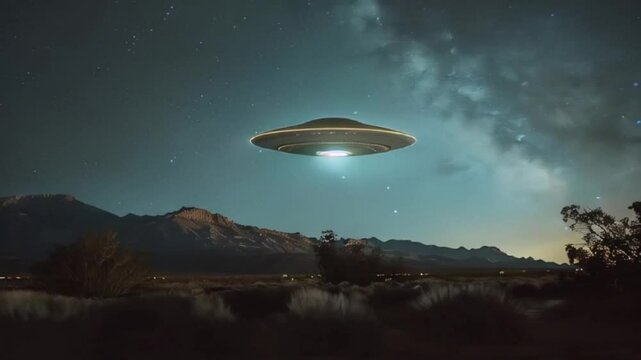Iron oval UFO saucer hovering over beautiful landscape in deep dramatic sky, abstract vivid composition consists of fictional unreal fantastic vision on background