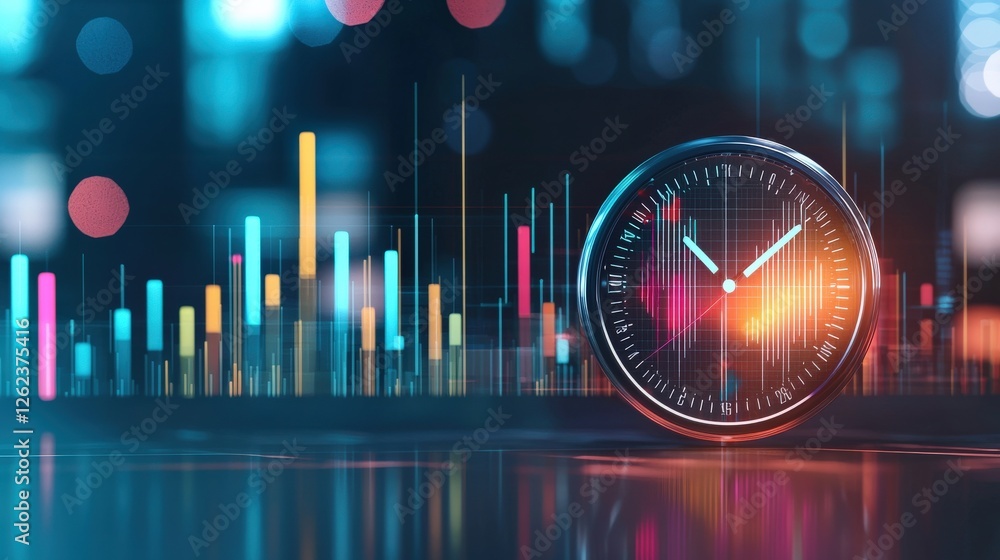 Poster a symbolic clock overlaying graphs, representing tax deadlines.