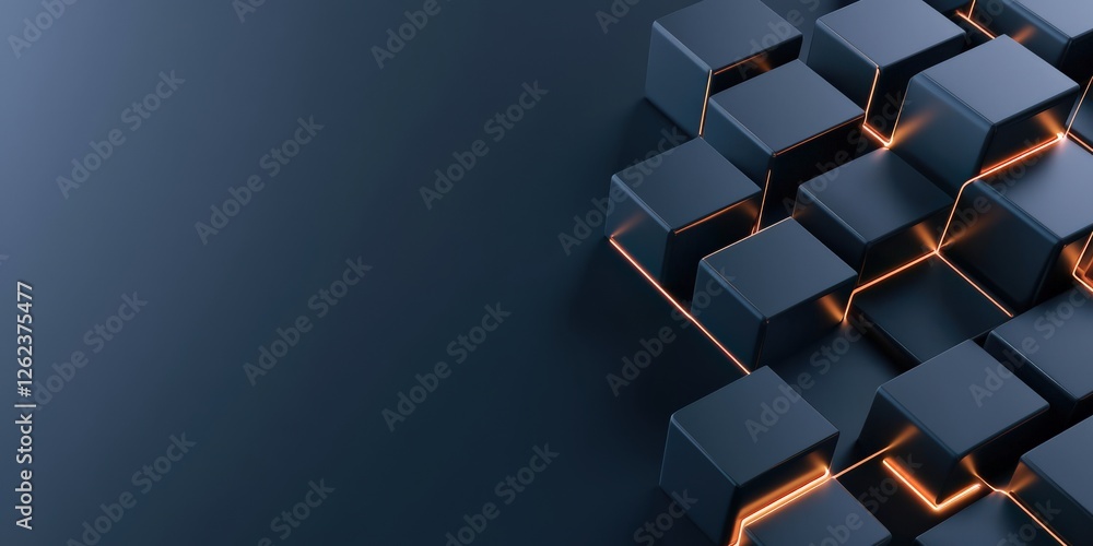 Poster information source management concept. abstract 3d cubes with glowing edges on a dark background.