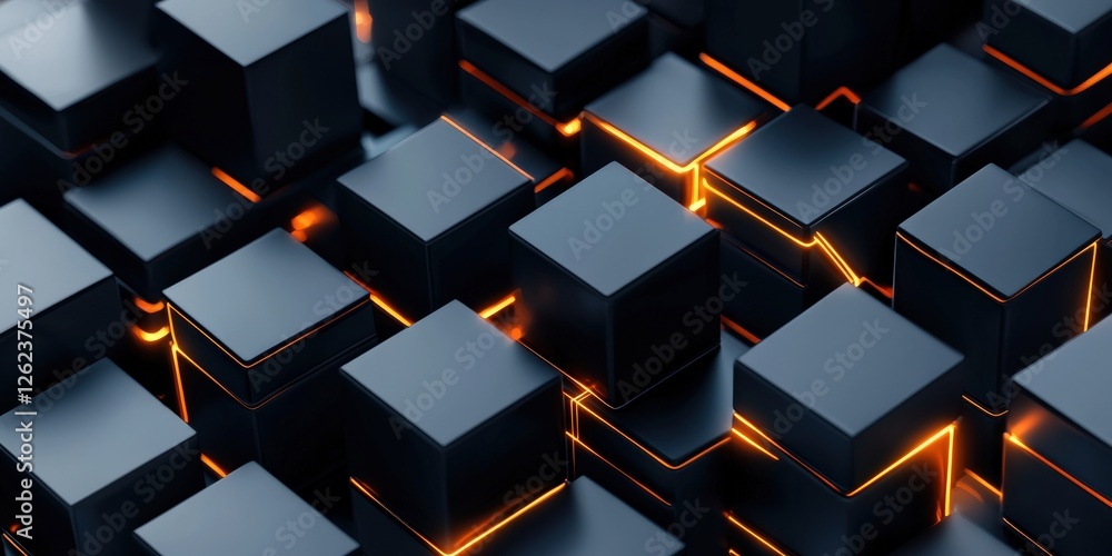 Poster information source management concept. abstract 3d cubes with glowing edges in a dark setting.