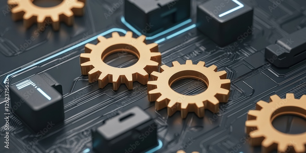 Poster information source management concept. close-up of gears on a circuit board, blending technology and