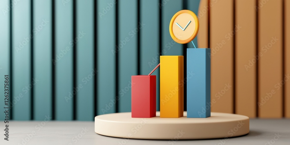 Poster information source management concept. colorful bar chart with clock on a wooden platform against a 