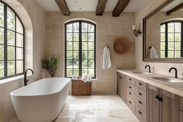 Fototapeta premium Elegant and serene bathroom with natural light and modern design in a peaceful residence