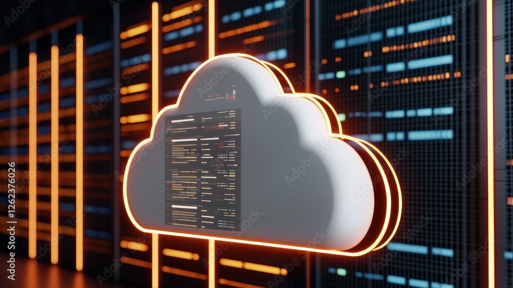 Aufkleber information source management concept. digital cloud technology with data center background illumina