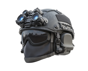 Tactical military helmet with night vision goggles, designed for enhanced visibility and protection. Ideal for various operations and outdoor activities