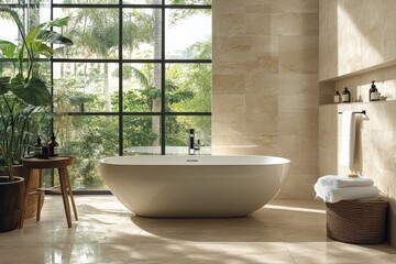 Fototapeta premium Modern bathroom with a freestanding tub surrounded by natural light and greenery