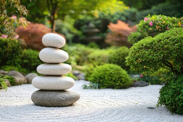 Stone stack balance in peaceful zen garden. Meditation, spa or relaxation