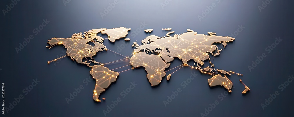 Poster information source management concept. golden world map with glowing connections on a dark backgroun