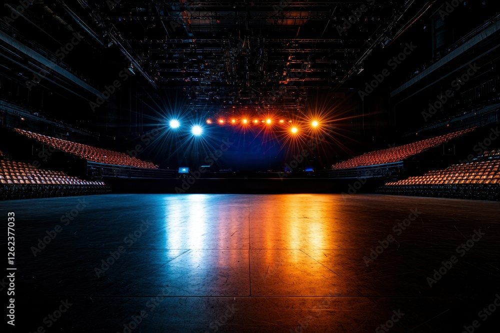 Poster empty stage with lights on in a large stadium. seats are rows in the background