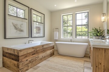 Fototapeta premium Elegant modern bathroom design featuring a freestanding tub and wooden accents with abundant natural light in a serene setting