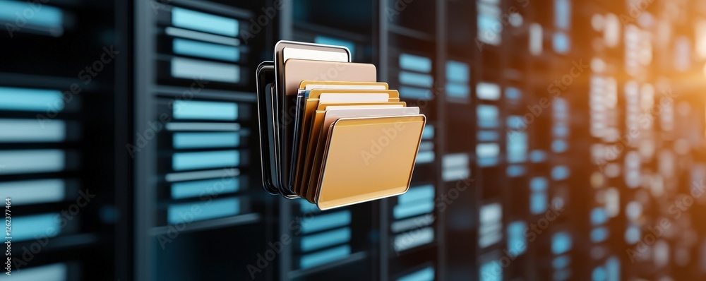 Aufkleber information source management concept. digital folders in a server environment with a blurred backgr