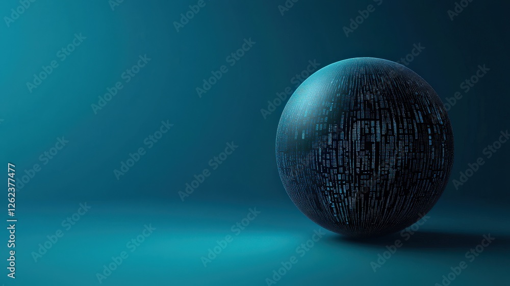 Poster information source management concept. a digital sphere composed of glowing data elements on a blue 
